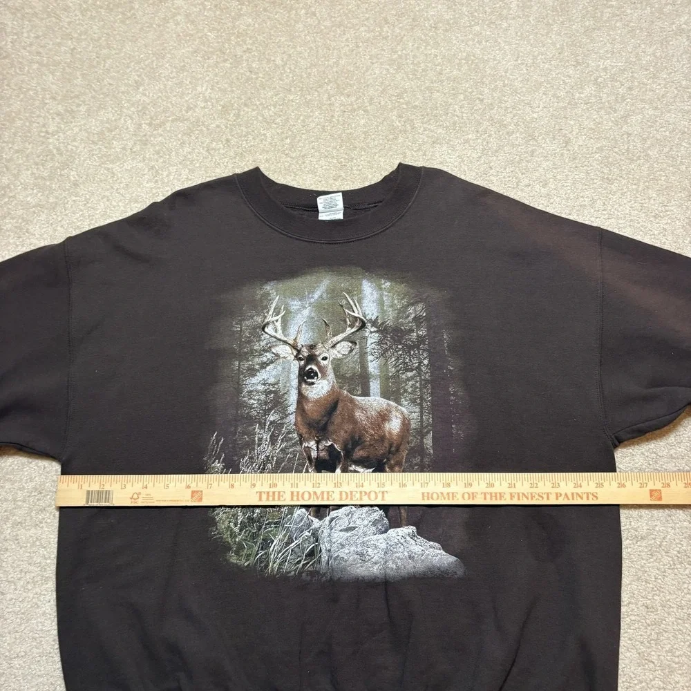 Deer Sweatshirt Mens XL Brown Buck Nature Forest Graphic Fleece Crewneck Hunting